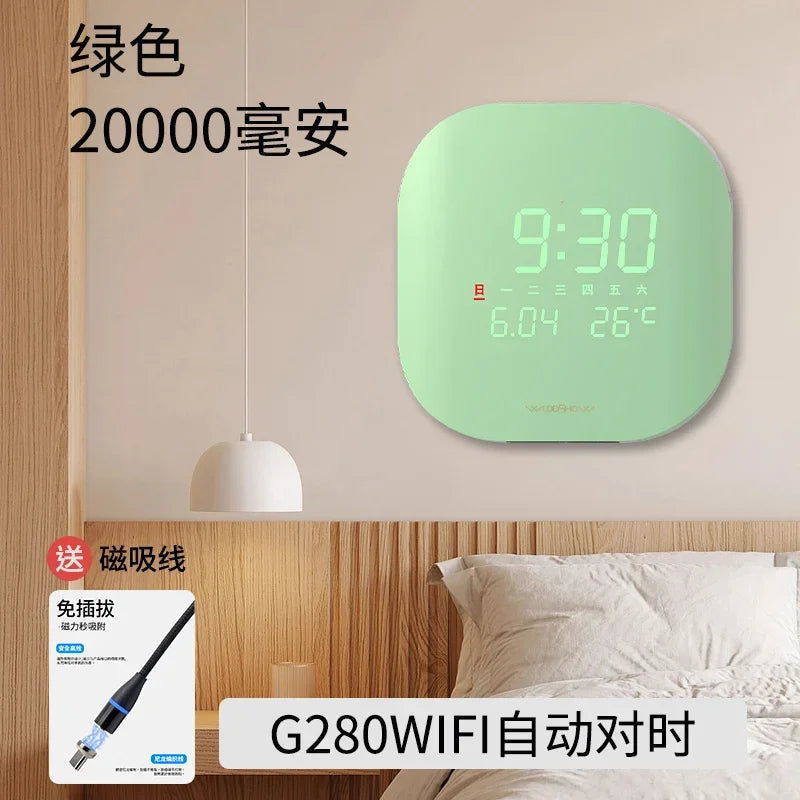 Home Silent Curved Wifi Automatic Time Wall Clock Living Room Creative LED Perpetual Calendar Digital Electronic Clock Oasis Select green 29.5cm x 29.5cm