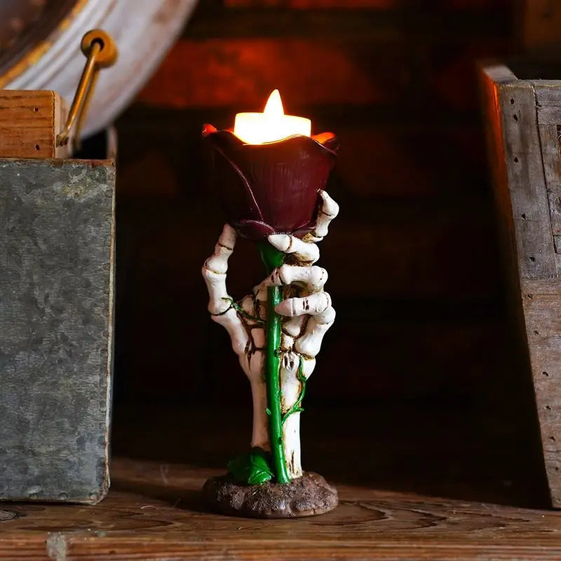 Halloween Skeleton Hand Rose Candlestick Decoration A Resin Home Retro Romantic Candlestick Atmosphere Decoration Oasis Select
