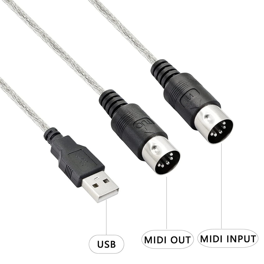 USB MIDI Cable Adapter, USB Type A Male to MIDI Din 5 Pin In-Out Cable Interface with LED Indicator for Music Keyboard Oasis Select