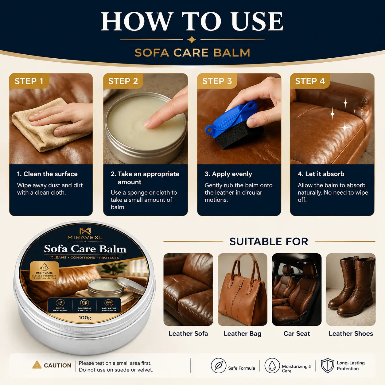MIRAVEXL Leather Couch Foam Cleaner & Sofa Care Balm Kit with Sponge, Deep Clean,Condition and Protect Leather Seats for Home 2 Oasis Select