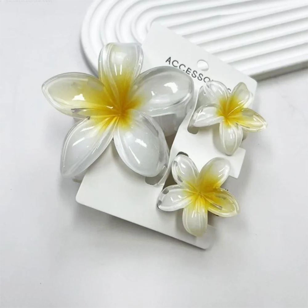 3Pcs/Set Colorful Gradient Hair Claws Plumeria Flower Acrylic Hawaiian Flower Hair Clip Hair Accessories Beach Oasis Select White Yellow