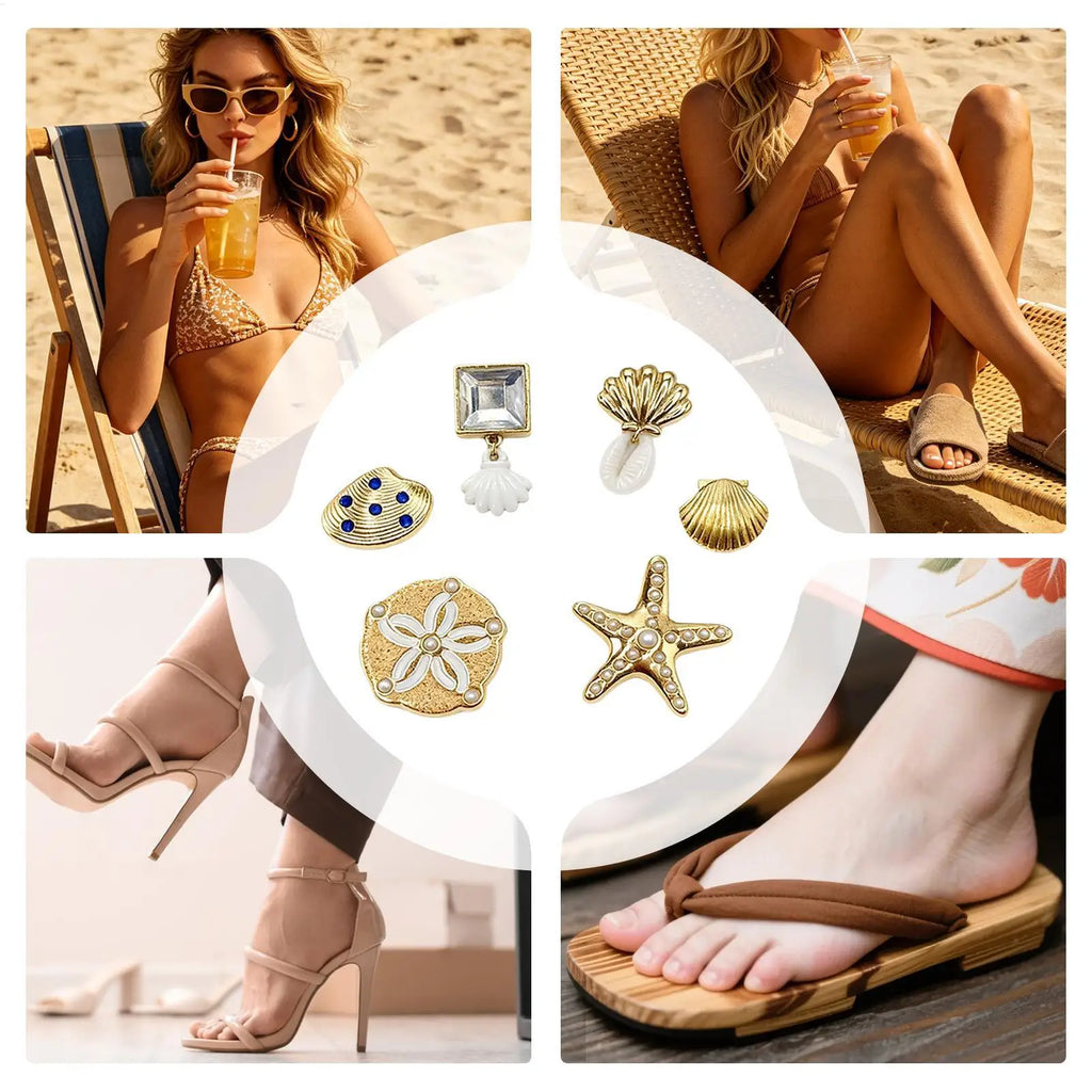Slippers Charms for Sandals Sea Theme Shell Decor Sandal Charm Set Sandal Charms for Slippers Gold Sea Theme Shell Shoe Decor Oasis Select