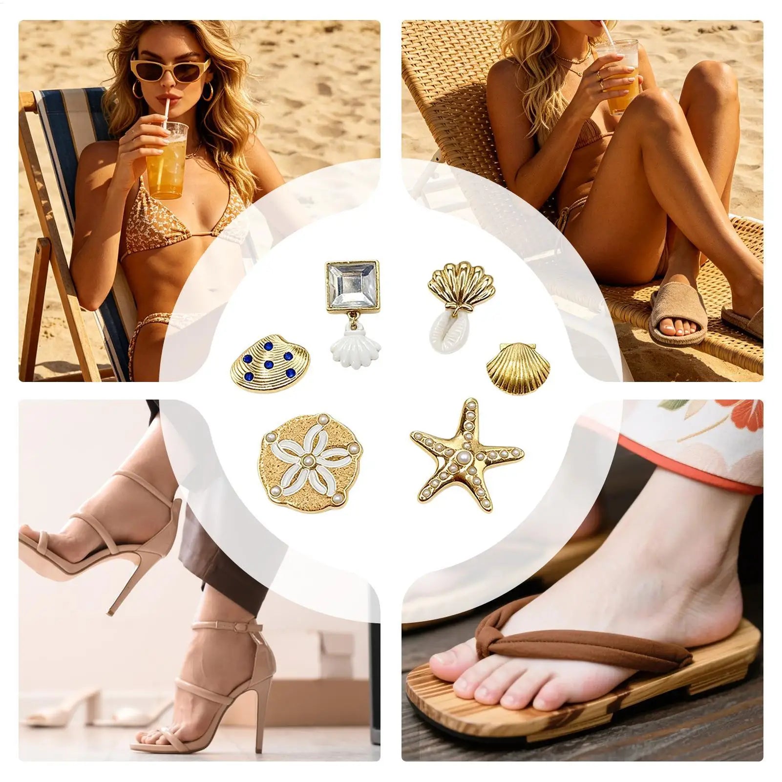Slippers Charms for Sandals Sea Theme Shell Decor Sandal Charm Set Sandal Charms for Slippers Gold Sea Theme Shell Shoe Decor Oasis Select
