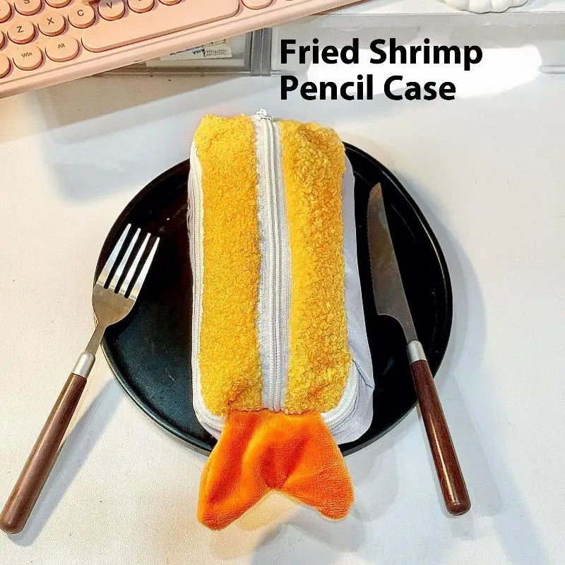 Cute Cartoon Fried Shrimp Plush Pen Bag Kawaii Large Capacity Zipper Soft Pen Case Stationery Storage Bag School Supplies Oasis Select A