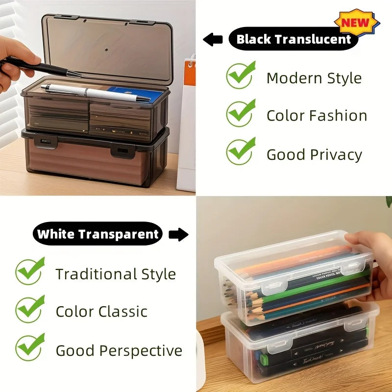 Black Transparent Plastic Storage Box with Lid for Pens, Pencils, Markers, School Supplies & Office Organization, Desk Organizer Oasis Select