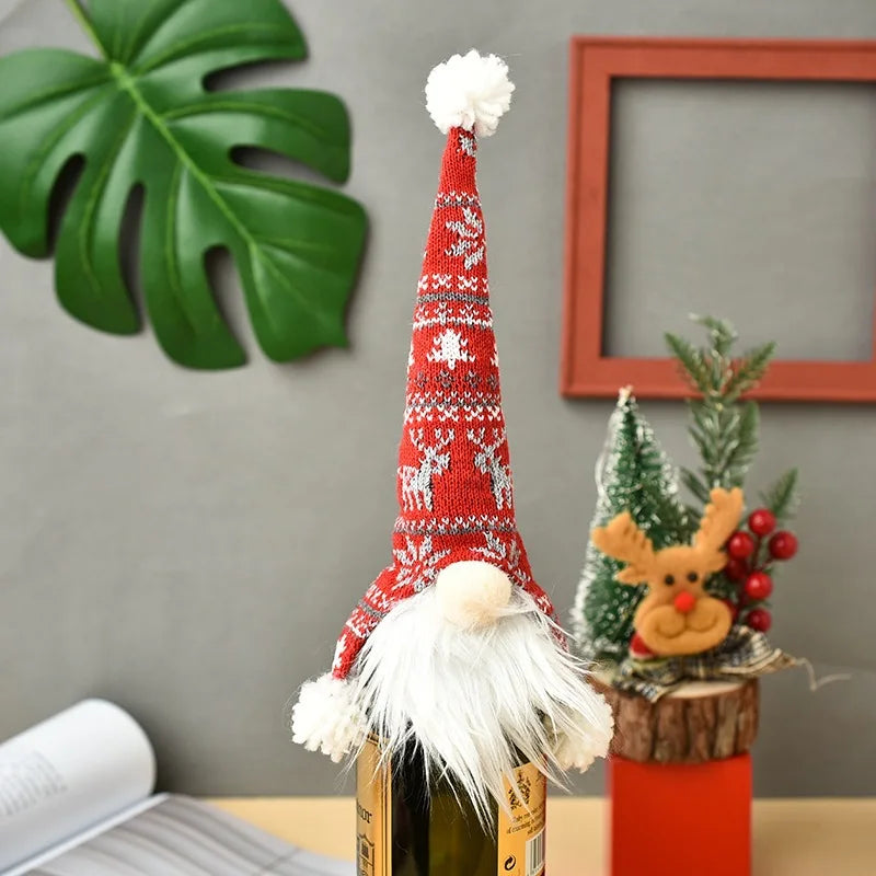 Faceless Christmas Decoration Items Knitted Old Man Wine Bottle Covers Figurine Wine Caps Wine Bottle Decorations Oasis Select O3-18 red gray