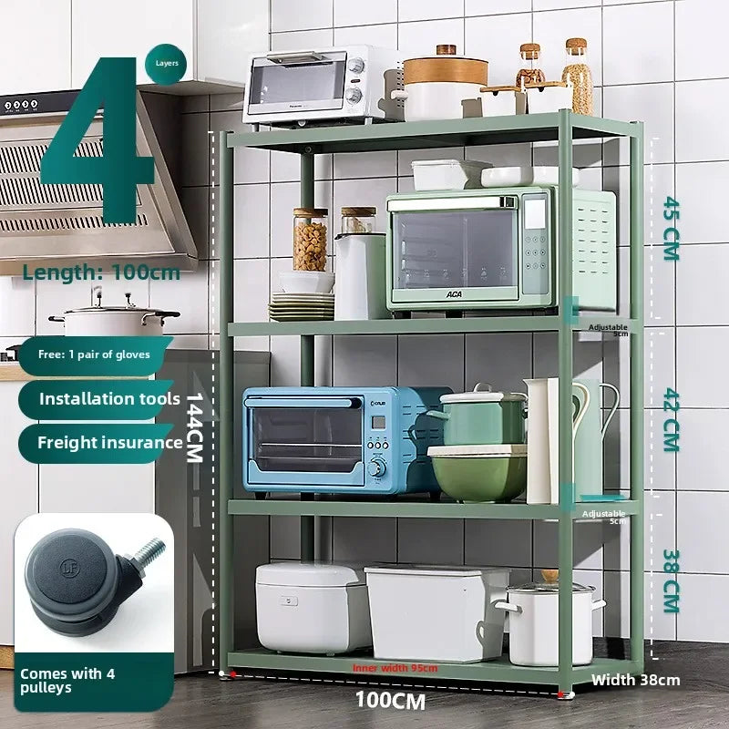Multi-functional Kitchen storage rack Floor-to-ceiling multi-layer storage rack Stainless steel microwave oven rack Pot rack Oasis Select Green-4-100