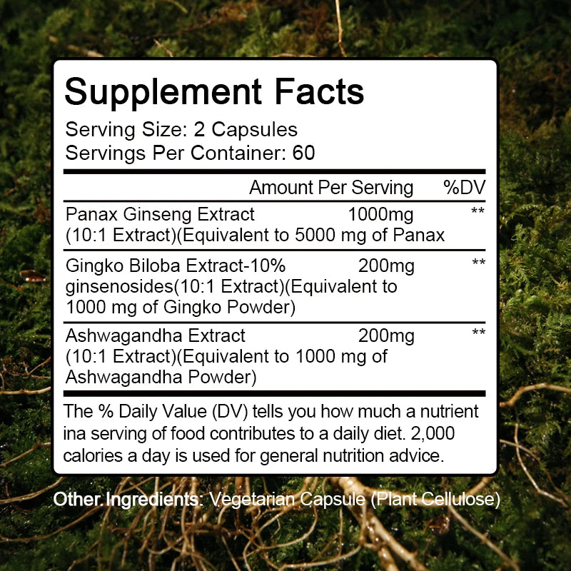 BBEEAAUU Ginseng Ginkgo Capsules Support Healthy Brain, Memory Cognitive Functions,Combat Stress & Fatigue Improve Immune System Oasis Select
