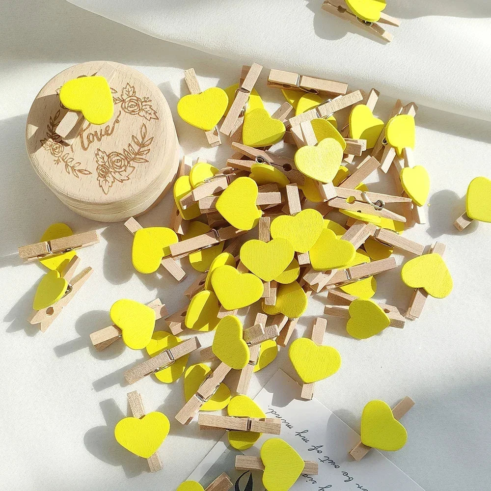 10/50pcs Red Heart Love Wooden Clothes Photo Paper Peg Pin Mini Clothespin Postcard Clips Home Wedding Valentine's Day Decorati Oasis Select Yellow 50pcs