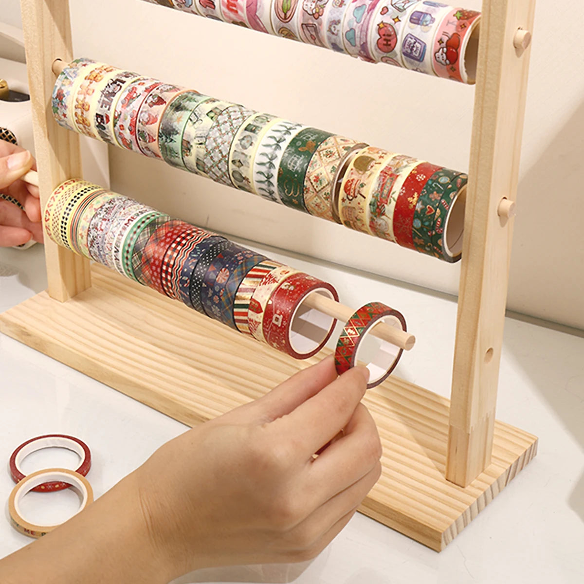 1pc wooden tape roll storage rack 3/4 layers wooden countertop ribbon organizer multifunctional office storage rack for home use Oasis Select
