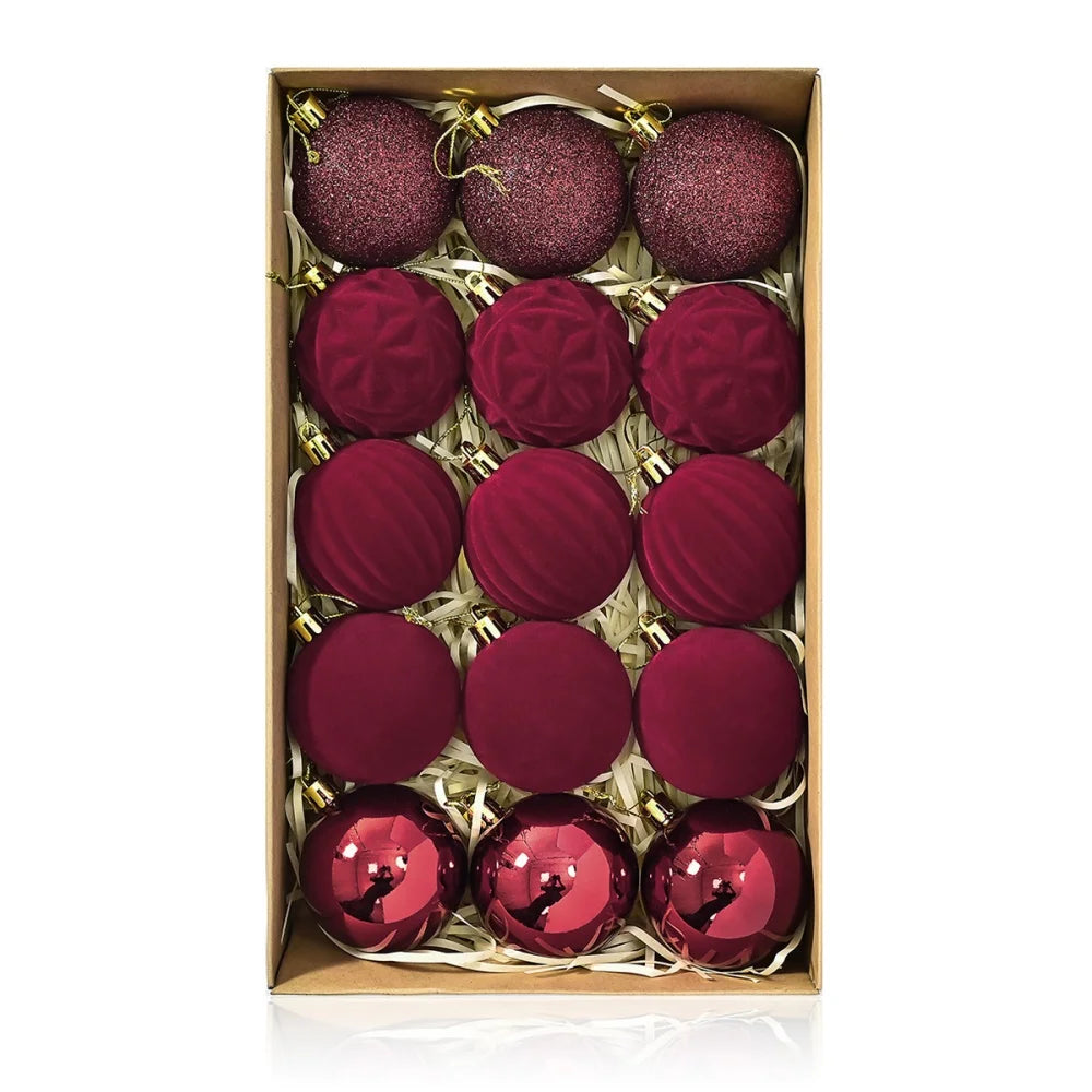 16PCS Flocked Christmas Ball Ornaments Velvet Xmas Tree Hanging Pendent Sparkling Powder Decorative Balls Christmas Decoration Oasis Select Wine red