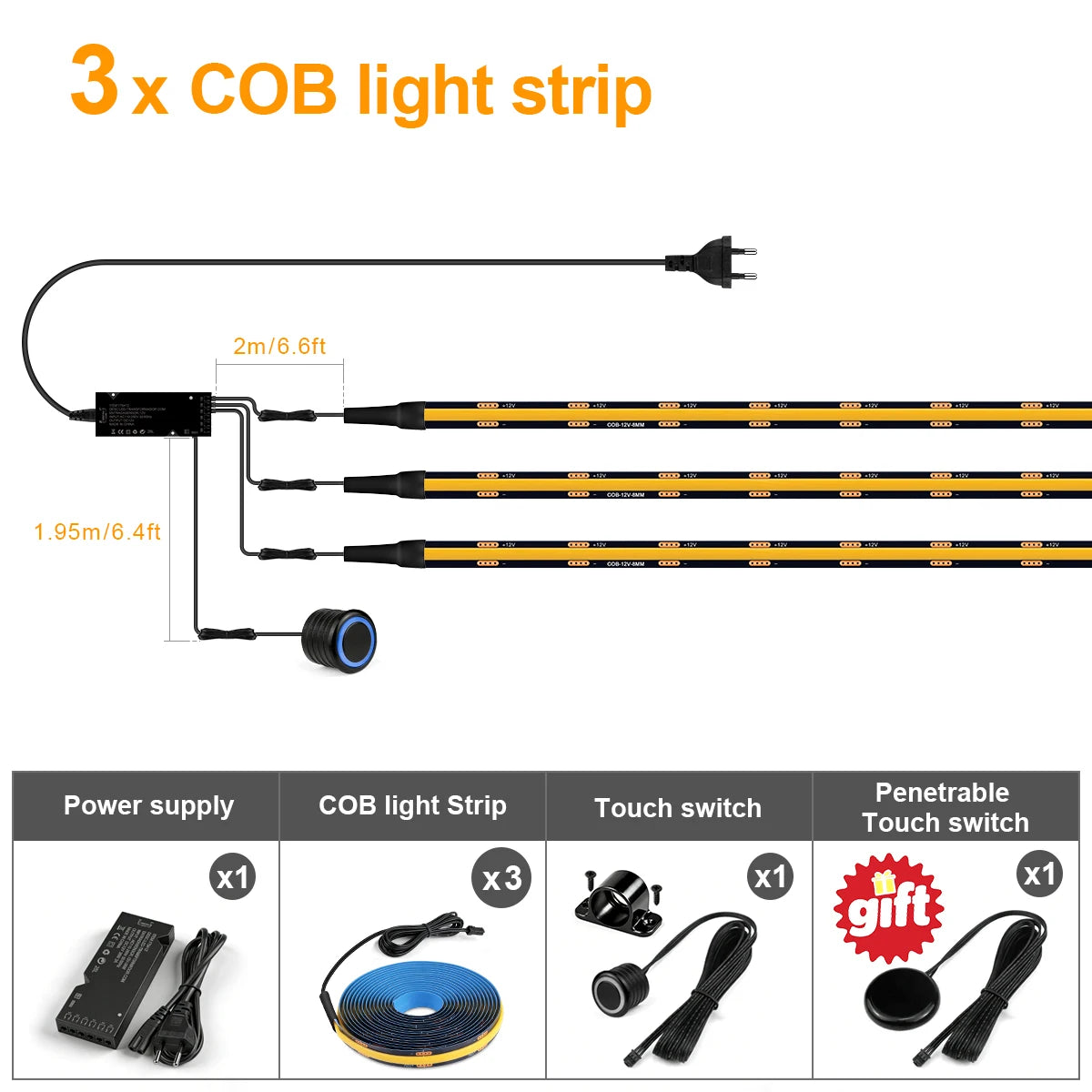 12v Dimmable Black PCB COB LED Light Strip with Double Touch Sensor,For Soundproof Panel Cabinet Wall Embedded Decor Night Lamp Oasis Select 3x COB Strip Set Neutral White 1M 3.28FT|EU Plug