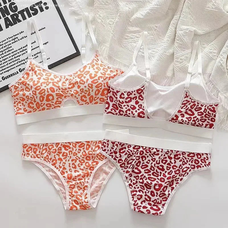 1-4pcs Summer Set New Women's Leopard Print Traceless and Steel Rim Bra Adjustable Shoulder Strap Back Women's Underwear Set Oasis Select