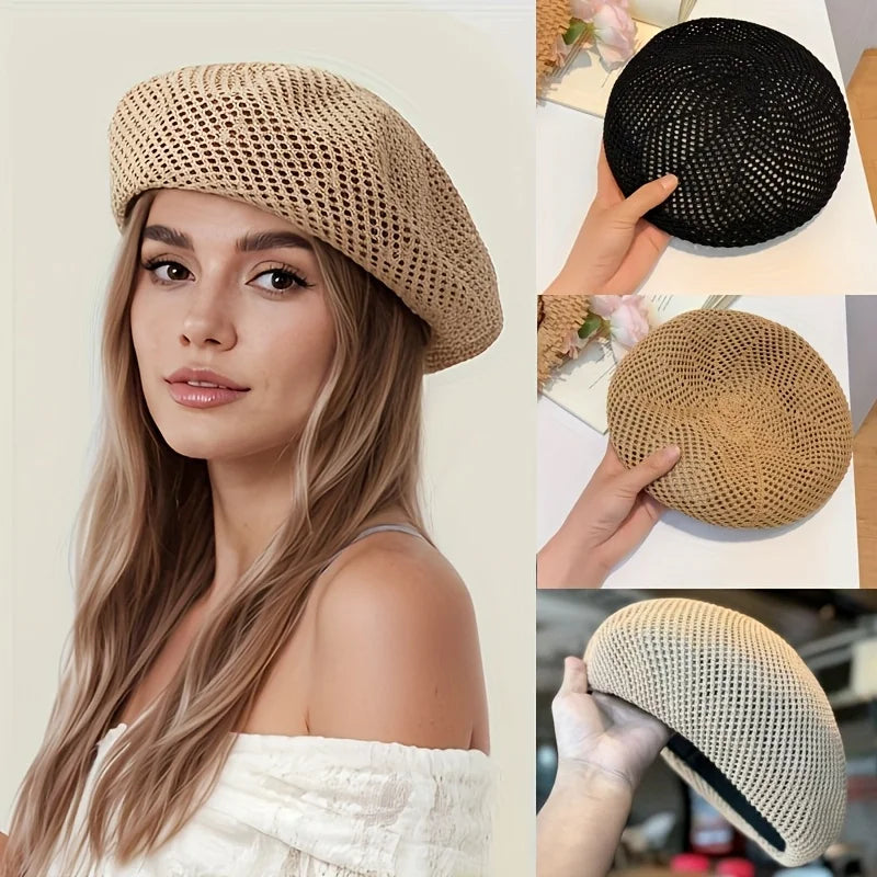 Spring Summer Hollow Breathable Pumpkin Hat, Retro Dome Beret, Lightweight Fashion Painter Cap, Casual Daily Headwear for Women Oasis Select