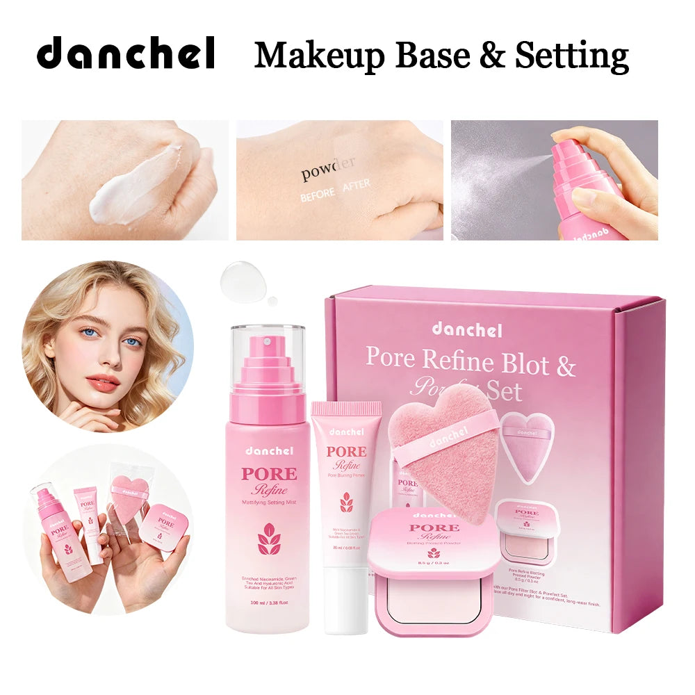Pore Refine Blot & Porefect Set Pore-Blurring 12h Matte Oil Control Primer, Setting Spray, Touch-up, Powder Puff 4PCS Makeup Kit Oasis Select