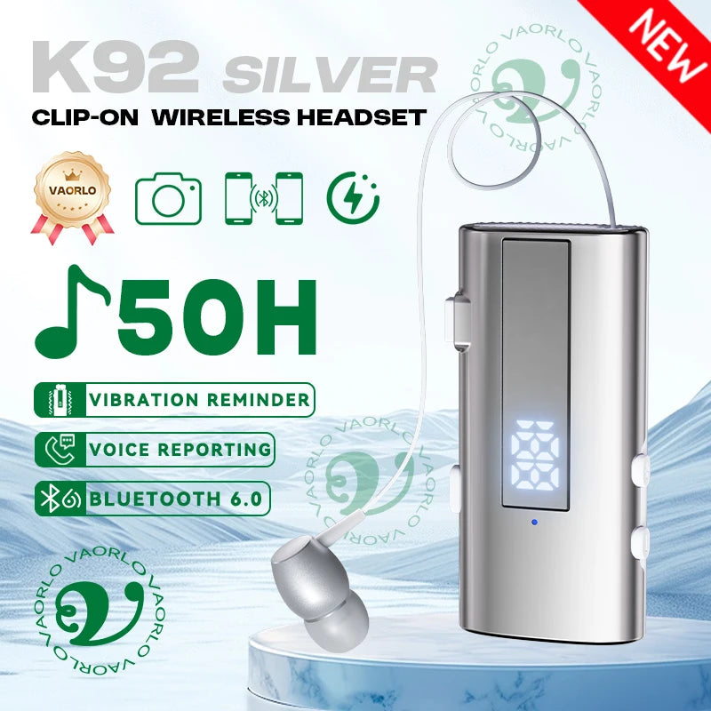K92 Bluetooth 6.0 Lavalier Business Headset Call 30h/Music 50h Vibration Reminder LED Digital Display With Mic Wireless Earphone Oasis Select Silver