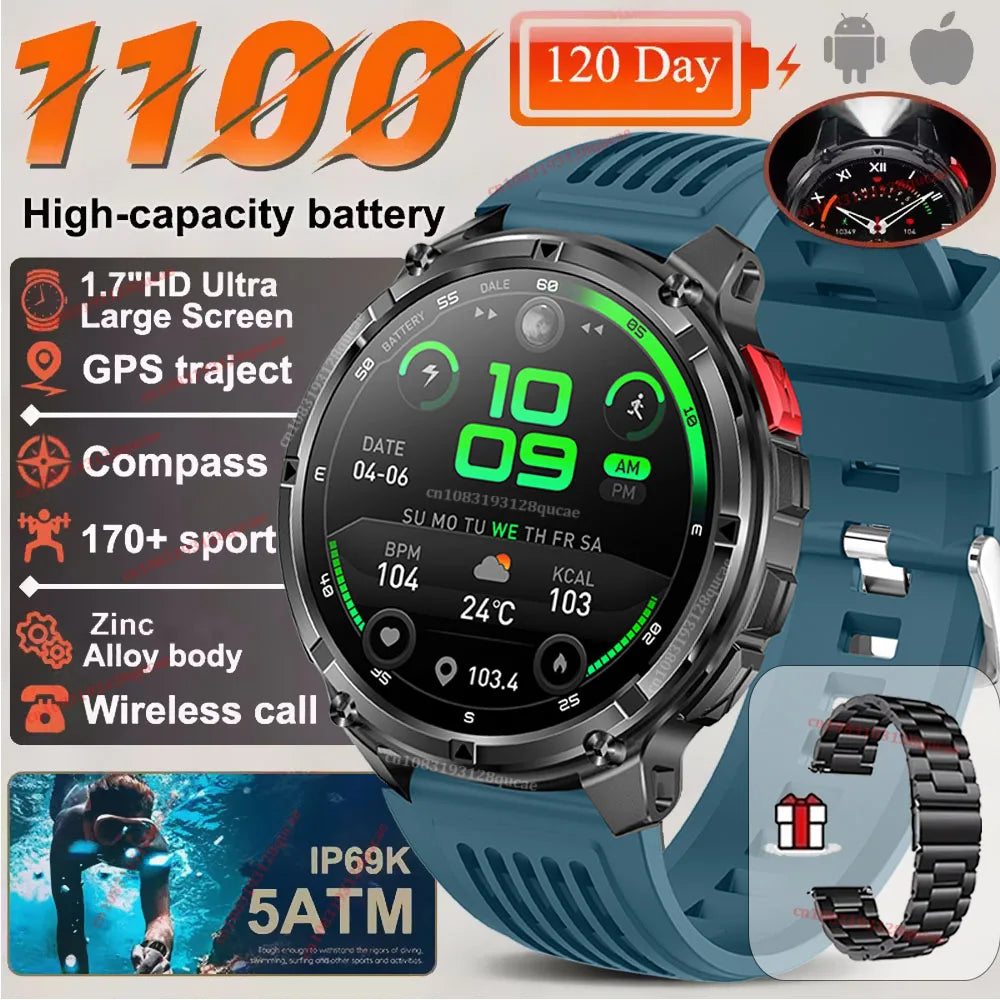Ola Esporte Military Smartwatch 1.7" AMOLED GPS LED Flashlight