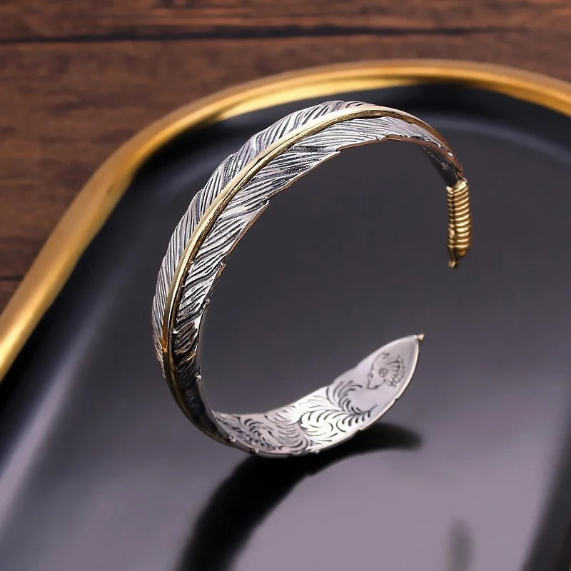 Vintage Carved Pattern Feather Bangle Bracelet Creative Design Opening Adjustable Men and Women's Models Oasis Select