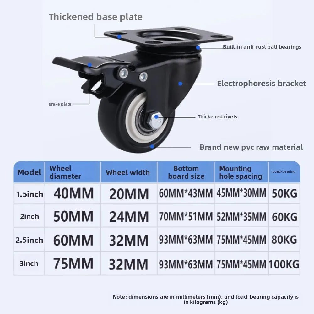 4pcs 1.5 Inches 2inch Heavy Duty 180kg Black Swivel Castor Wheels Trolley Furniture Caster Rubber Flat Brake Gold Drill Caster Oasis Select