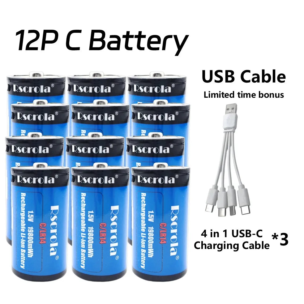 USB-C Rechargeable C Batteries, 19800mWh 1.5V C Batteries, Fast Charging 2 Hours, Replace LR14 Battery for Speakers & Doorbells Oasis Select 12P C Battery