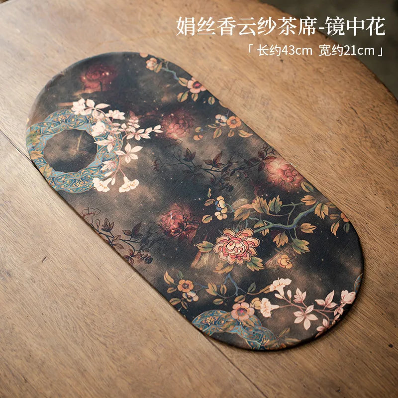 Double-sided Silk Fragrant Cloud Yarn Tea Mat Chinese Style Tea Table Heat Insulation Waterproof Mat Chinese Zen Dry Foam Mat Oasis Select Flower in the Mirror