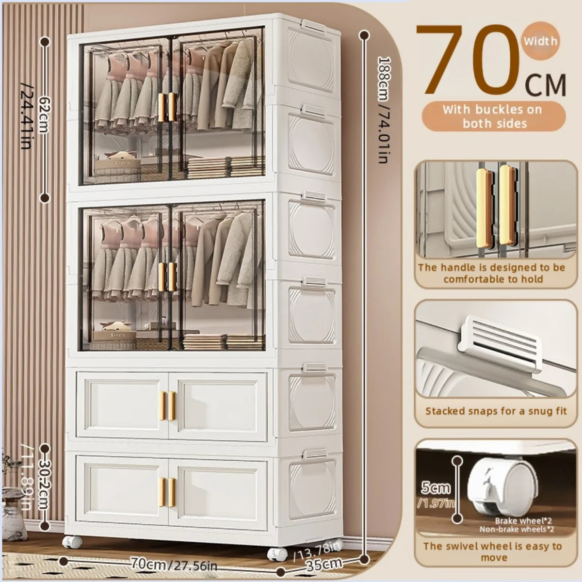 Foldable plastic storage box, simple wardrobe for home bedroom closet toy storage cabinet, no installation required Oasis Select 70cm 2 Large 2 Small