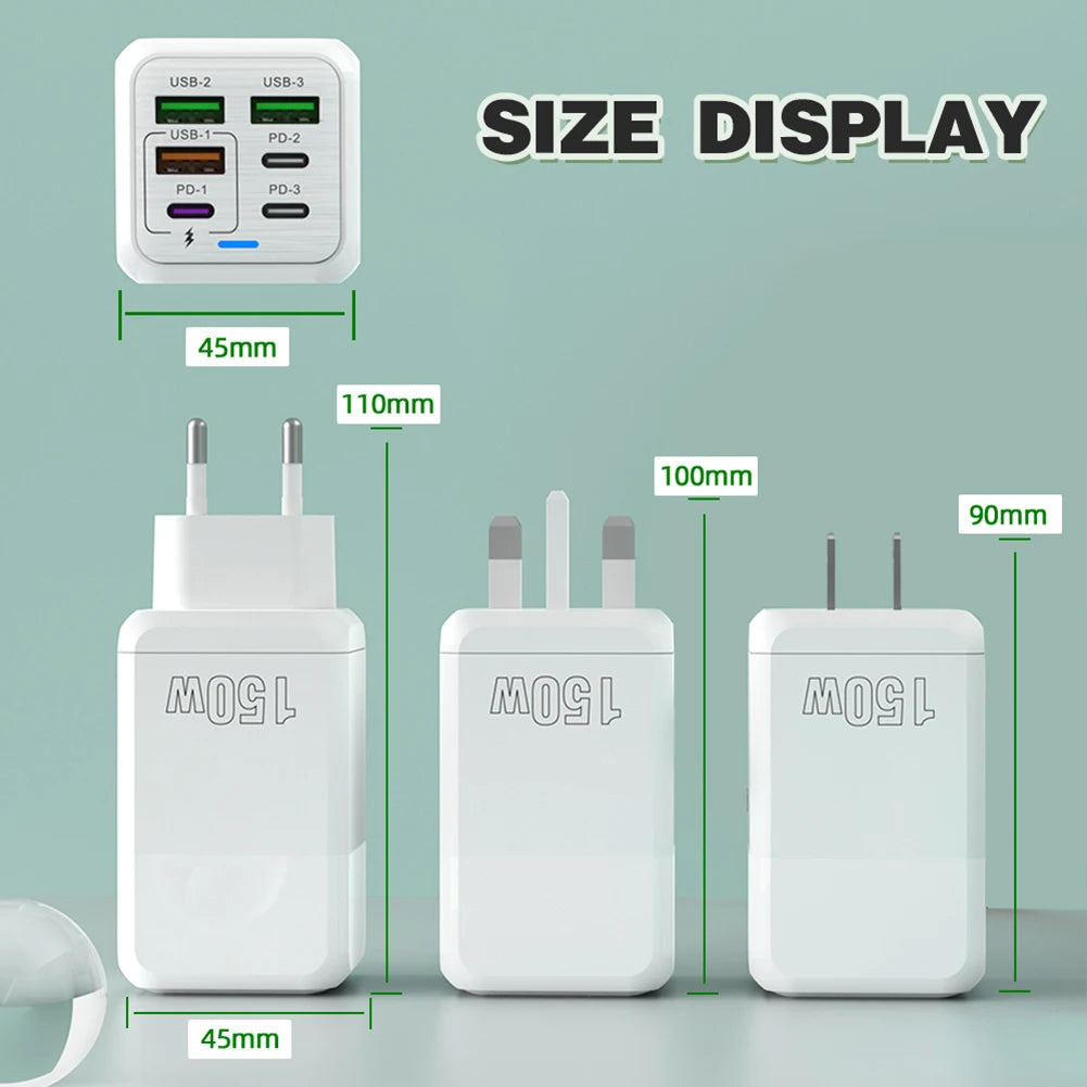150W 6-in-1 Fast Charger | 3 USB + 3 USB-C PD Ports