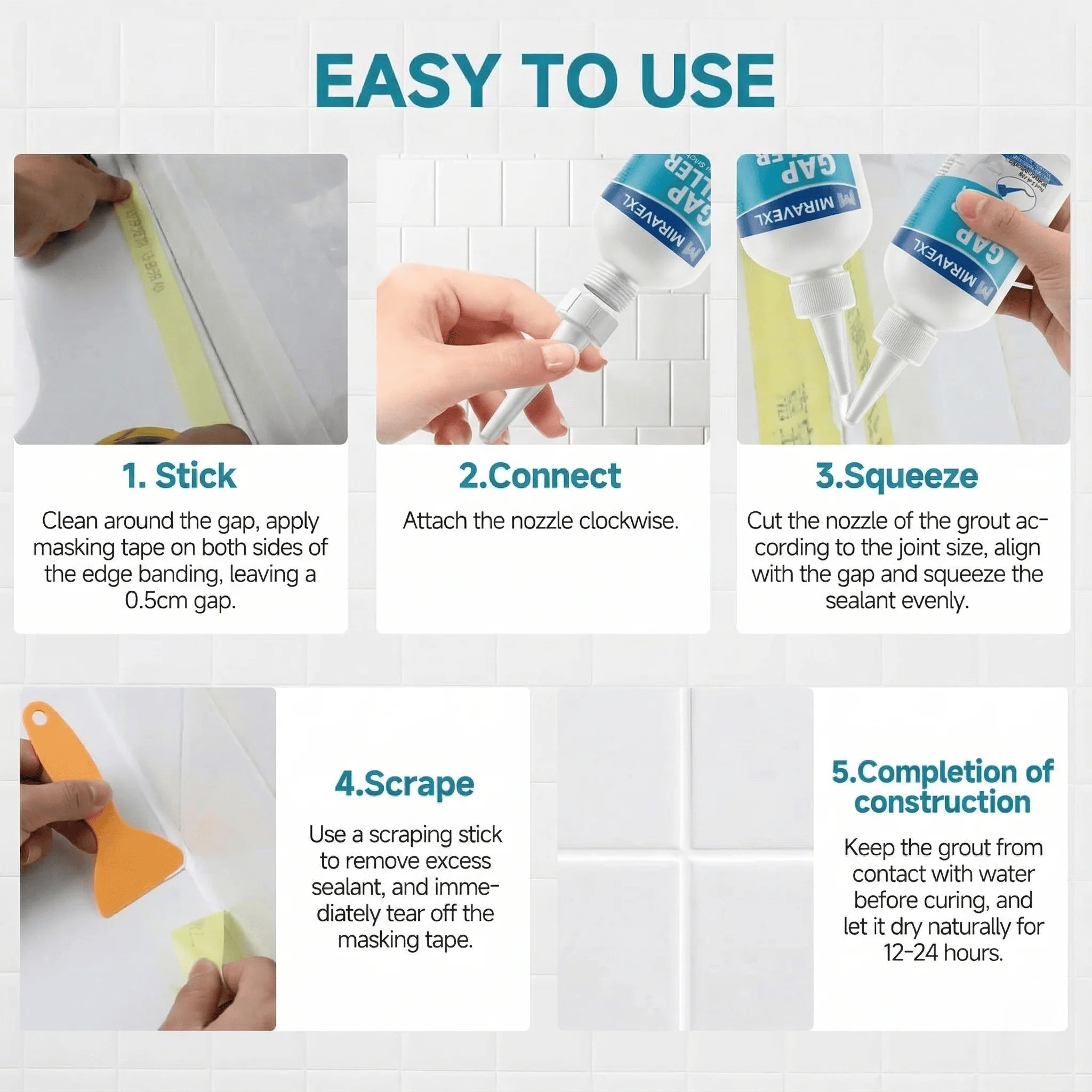 White Tile Grout Repair Kit Fast Drying Shower Filler Waterproof Wall Floor Joint Sealer Bathroom Kitchen Gap Restorer Hand Tool Oasis Select