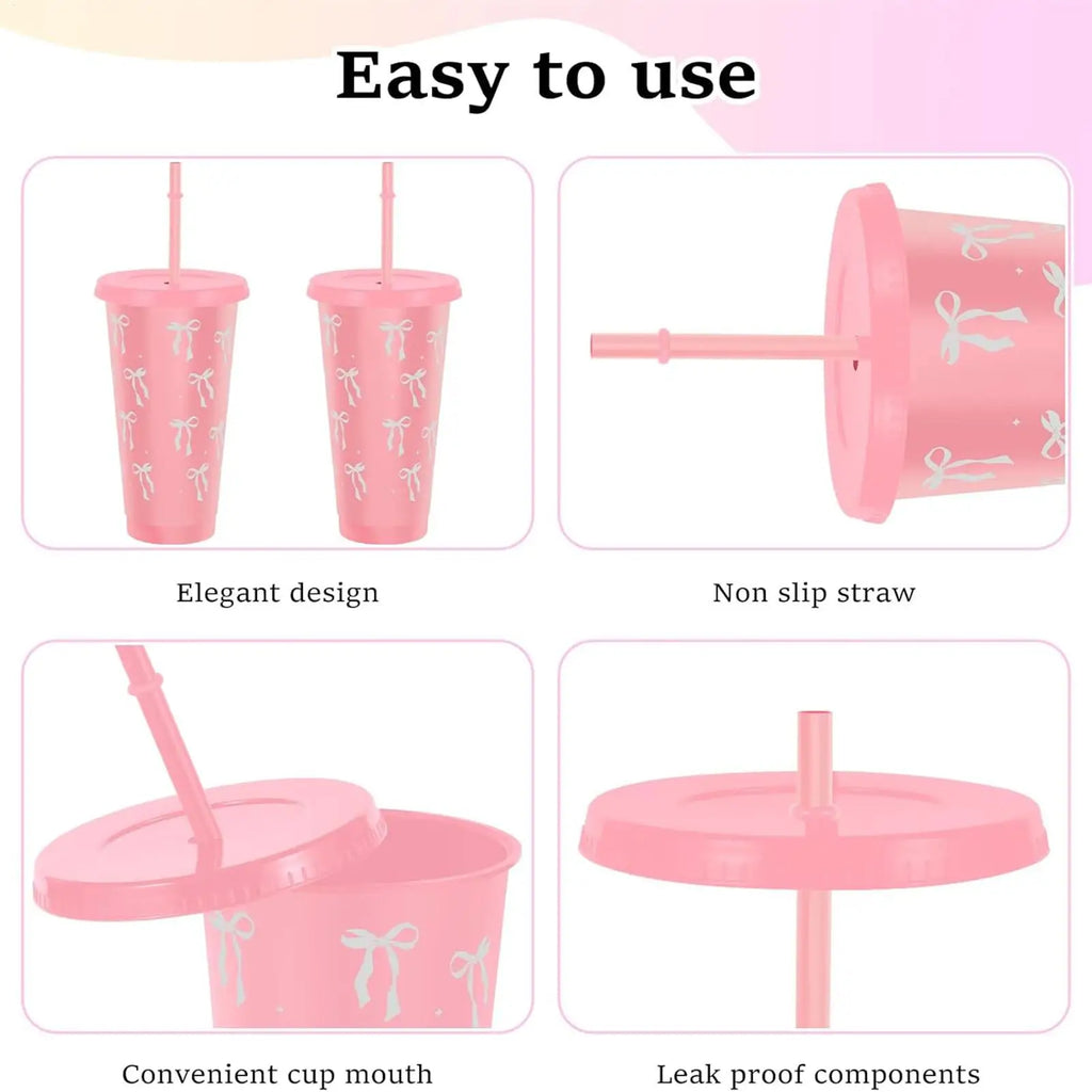 straw cup 12Pcs Reusable Party Cups with Straw Lid For Ice Coffee Juice Tea Cute Bowknot Plastic Cups Portable Drinking Cups Oasis Select