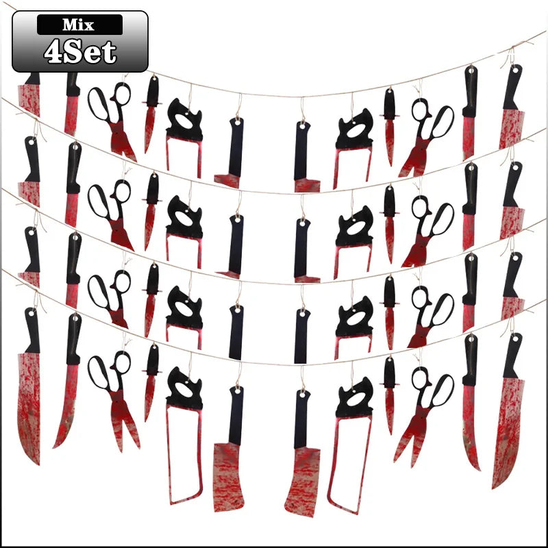 1-4Set Bloody Halloween Banner Horror Hanging Decoration for Haunted House Movie Theme Birthday Carnival Party Halloween Gift Oasis Select Mix-4Set As Shown