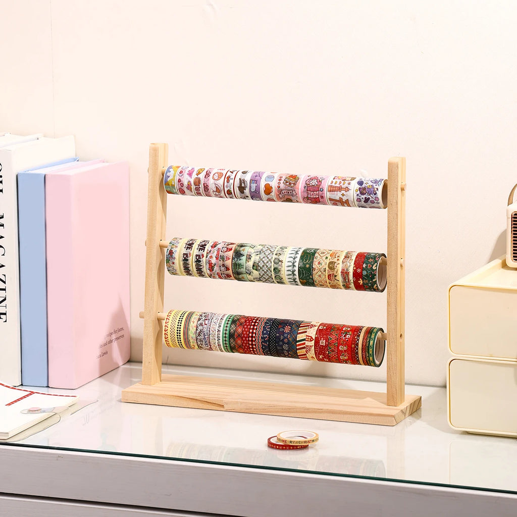 1pc wooden tape roll storage rack 3/4 layers wooden countertop ribbon organizer multifunctional office storage rack for home use Oasis Select