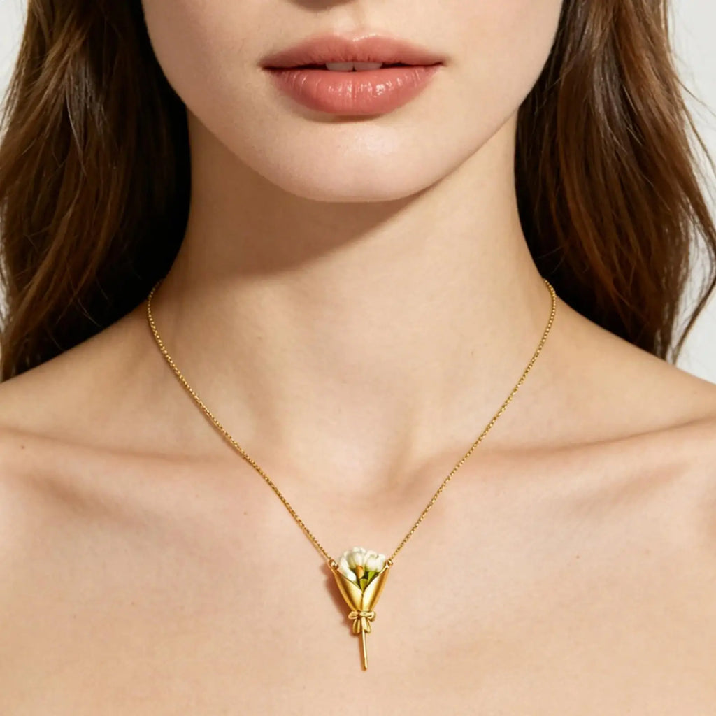 Flower Necklace Romantic Trendy Bouquet Jewelry Copper Cute Floral Necklace Bouquet Necklace Pendant Creative Vase Necklace Oasis Select