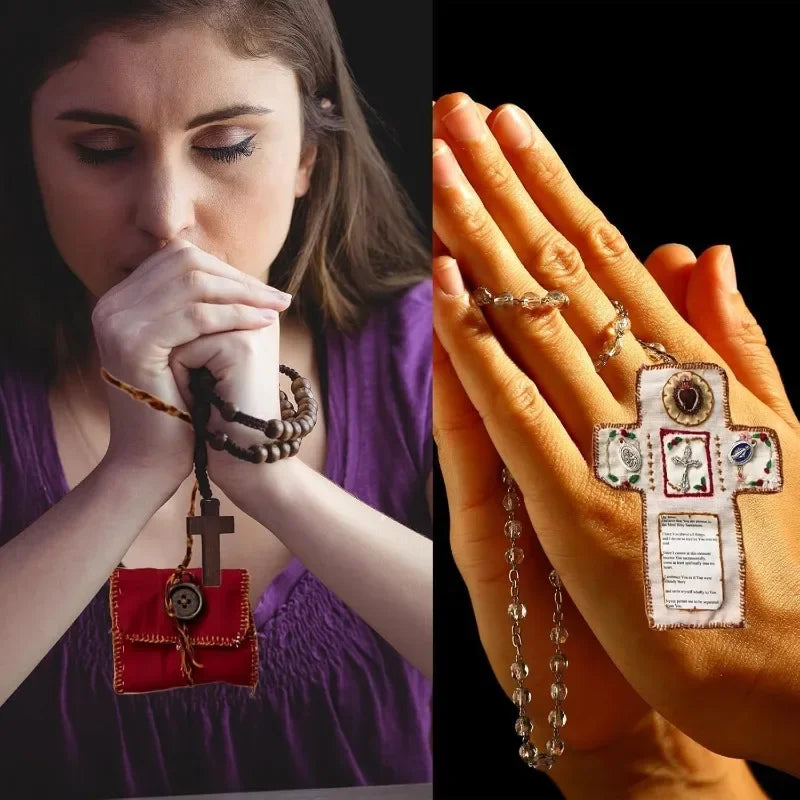 Cross Knit Prayer Pocket Shrine with Silver Cross Inside Christian Holy Storage Bag Home Decoration Faith Based Gift Oasis Select