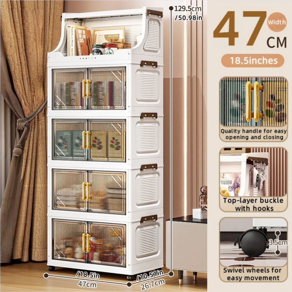 Large Foldable Flip-Top Transparent Storage Cabinet with Wheels - Space-Saving Mobile Organizer for Kitchen Bedroom Living Room Oasis Select 5 Tiers Clear Gray