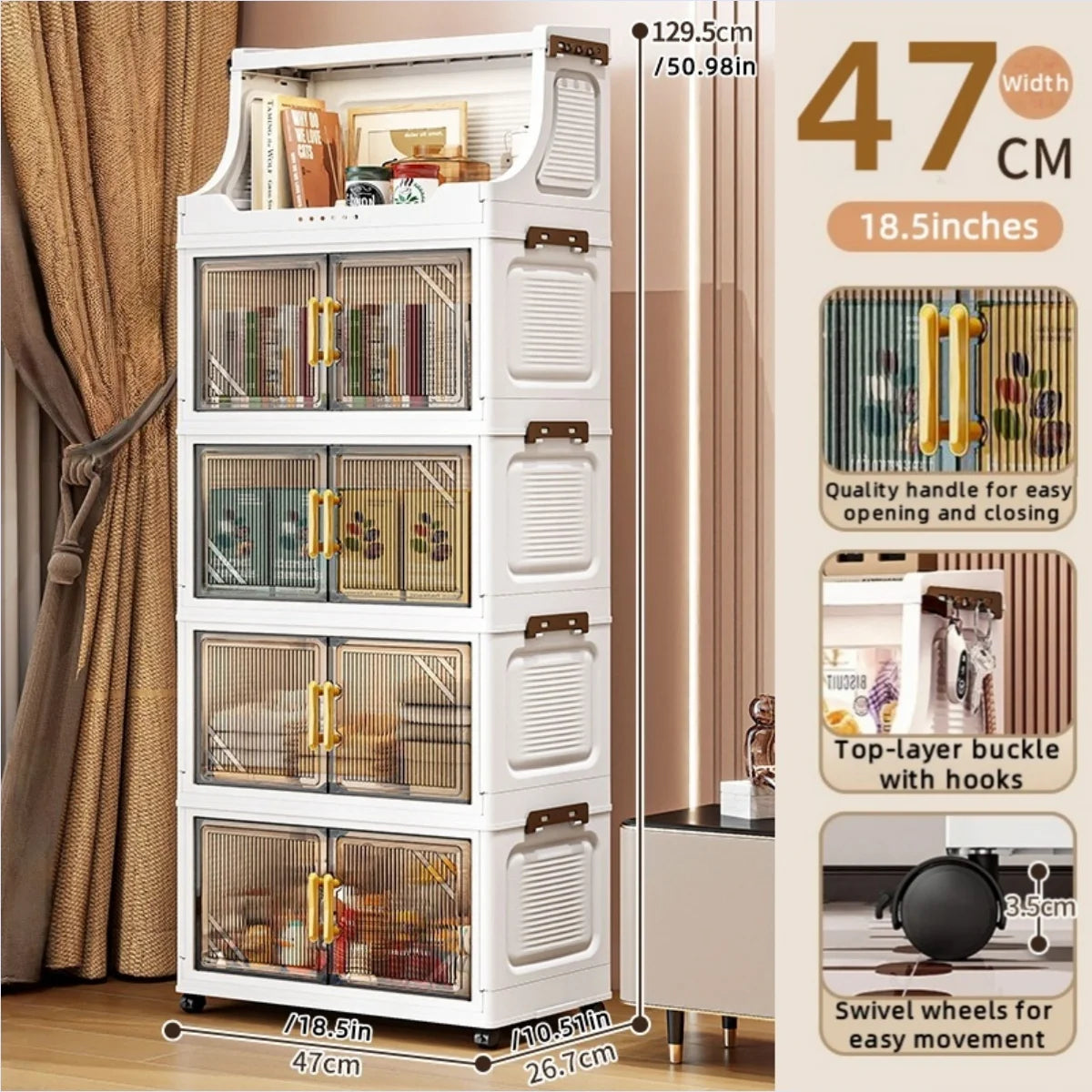 Large Foldable Flip-Top Transparent Storage Cabinet with Wheels - Space-Saving Mobile Organizer for Kitchen Bedroom Living Room Oasis Select 5 Tiers Clear Gray