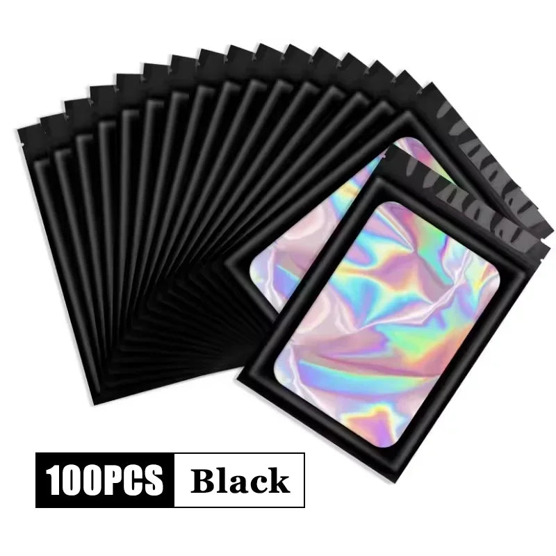 500Pcs Holographic Ziplock Bags Plastic Laser Iridescent Zip Bags for Manicure Eyelash Display Earrings Ring Jewelry Storage Bag Oasis Select Black 6x10 100PCS