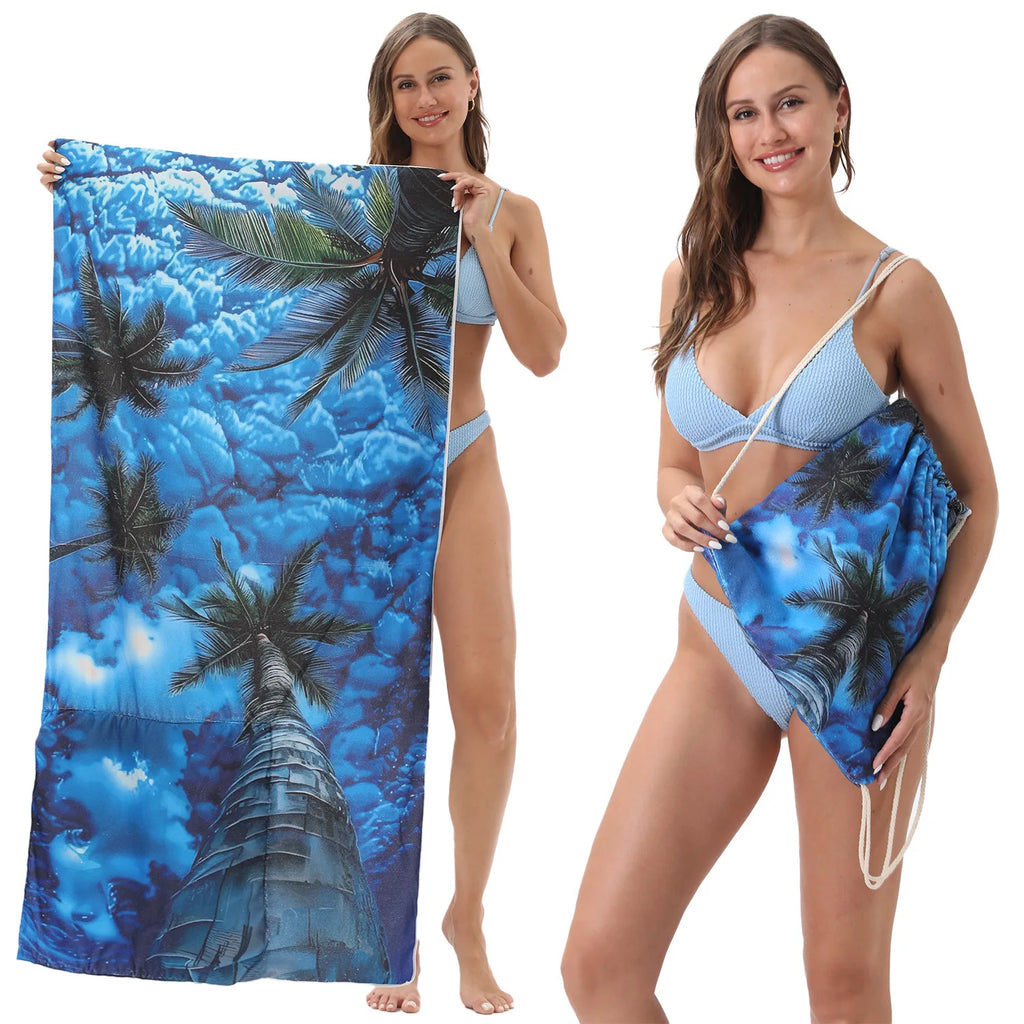 2-in-1 Multifunctional Foldable Beach Towel Printed Bath Towel Integrated Beach Towel Bag for Storage Oasis Select 20 70X140cm