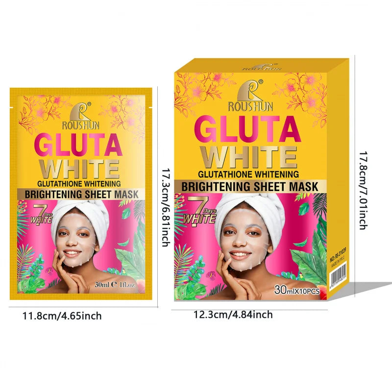 ROUSHUN Gluta White Facial Sheet Mask – Moisturizing, 10 Pcs