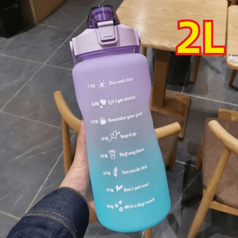 2L Motivational Sports Water Bottle with Time Marker & Straw