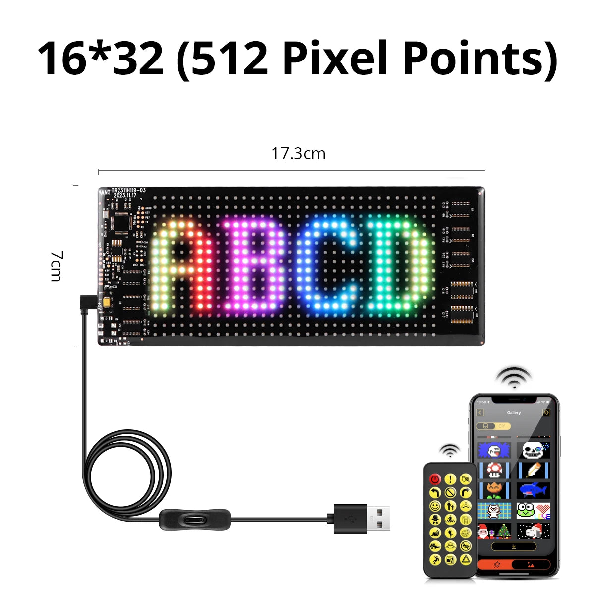 USB 5V Double Row Flexible Display Screen Programmable Matrix Pixel Panel For Board Windshield with Remote Car Devil Eye Light Oasis Select 16x32 LEDs 7x17CM