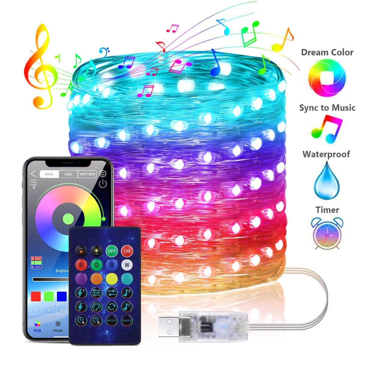 WS2812B RGBIC LED String 20m 10m 5m USB Fairy Lights Dreamcolor DIY Smart IC APP Bluetooth Remote Festival Christmas Tree Lights Oasis Select
