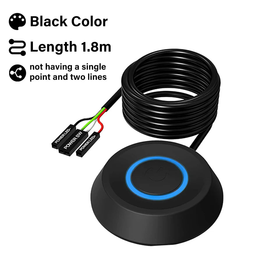 Computer Desktop Switch 1.8M LED Lights PC Motherboard External Start Power On/Off Push Button Extension Cable For Home Office Oasis Select Black