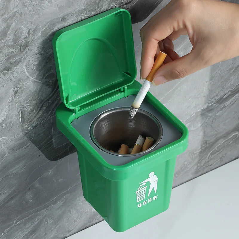 Wall Mounted Ashtray with Lid Dustproof for Bathroom Toilet Living Room Creative Ash Bin Prevent Fly Ash Stainless Trash Can Oasis Select green