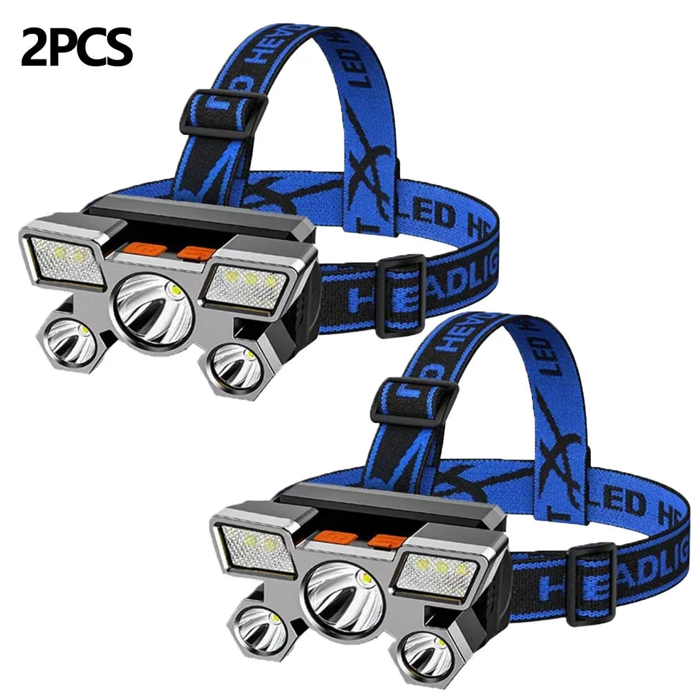 Outdoor High Brightness 5LED Headset Flashlight Outdoor Household Portable USB Rechargeable Fishing Miner Lamp Strong Headlight Oasis Select XY501 Blue 2pcs