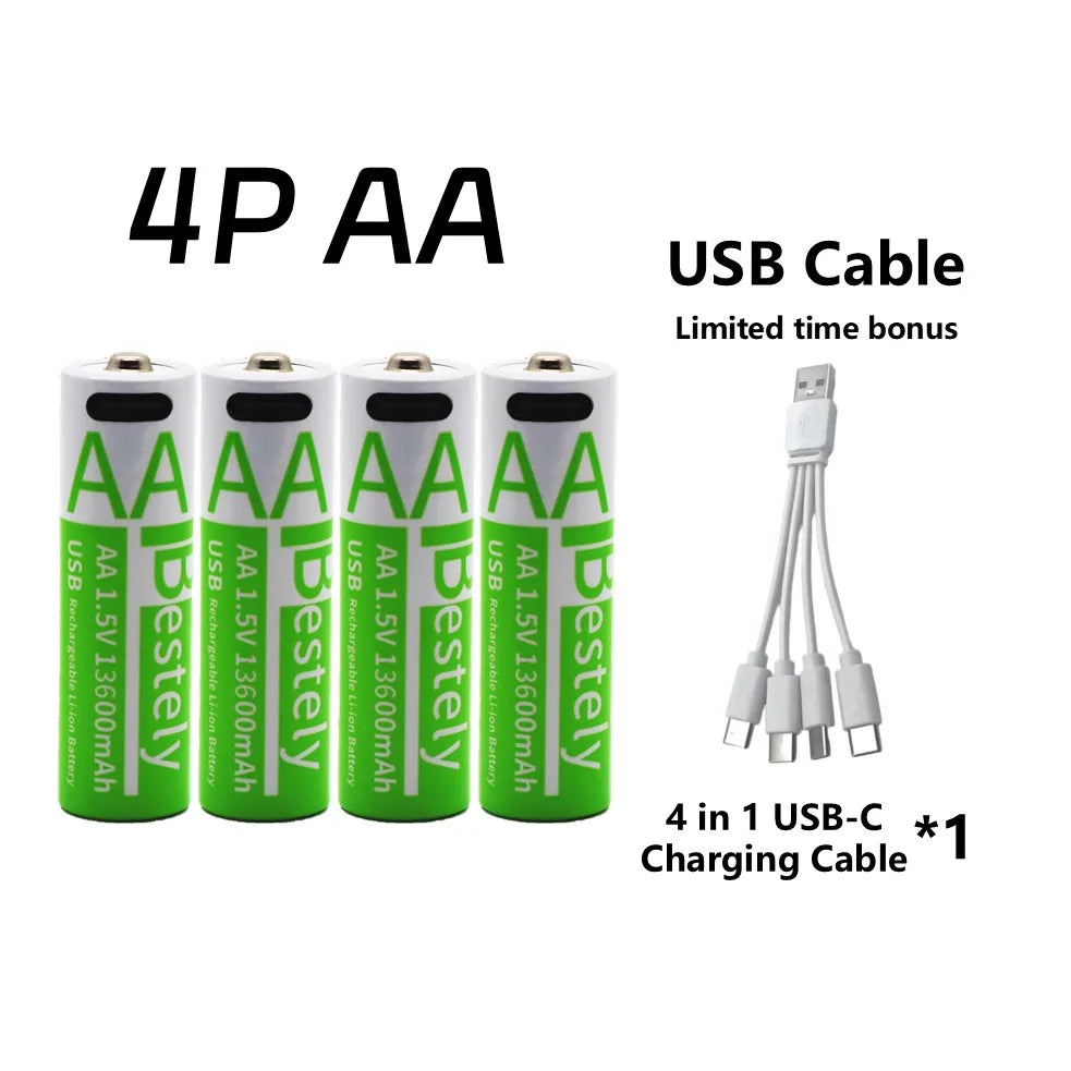 Rechargeable AA Battery13600mAh, 1.5V AA Li-ion Batteries with USB Type C Charging Cables, Long Life, Low Self-discharge Oasis Select 4P AA