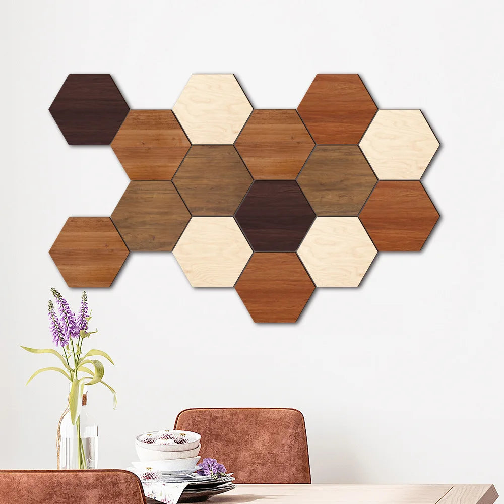 Creative Three-dimensional Combination Hexagonal Wooden UV-printed Wall Stickers for Home Background Wall Decoration Oasis Select