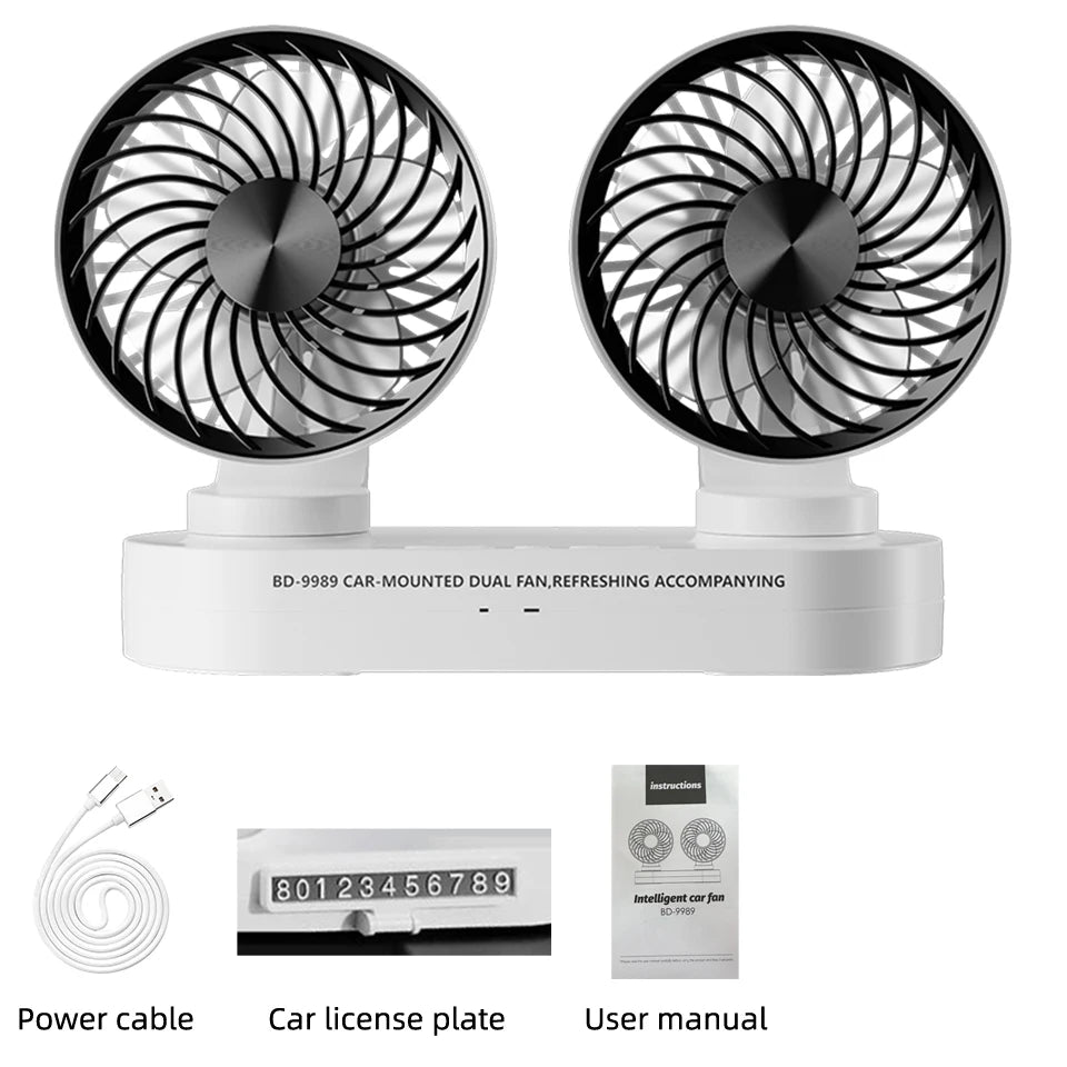URGGU Dual Head USB Car Fan – 360° Adjustable, 3 Speeds