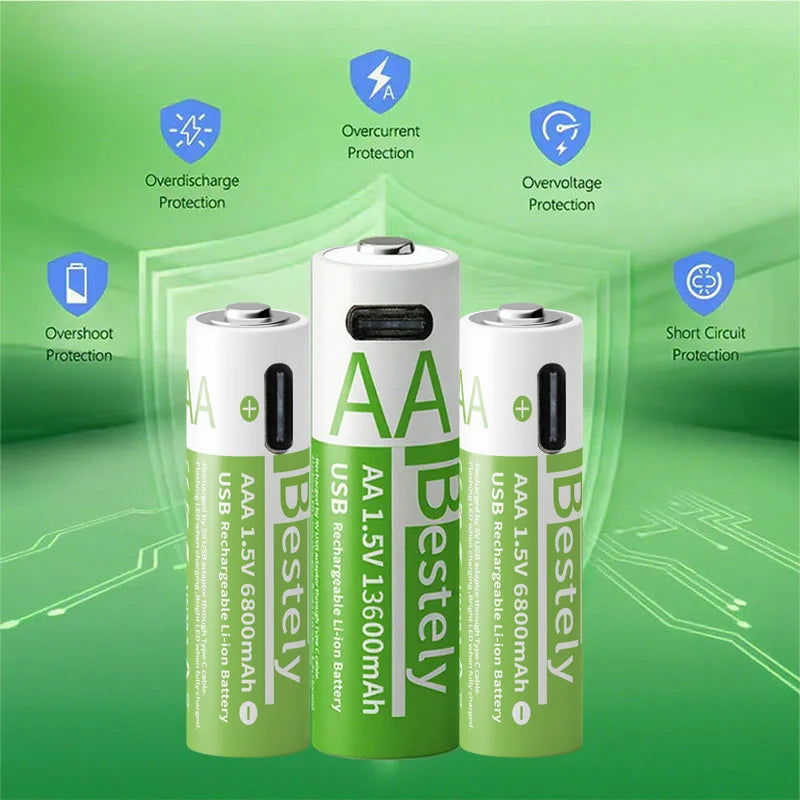 New1.5V AA 13600mAh + AAA 6800mAh Rechargeable Lithium Battery,USB-C Charge, 2000 Cycles，Low Self-Discharge Battery Oasis Select