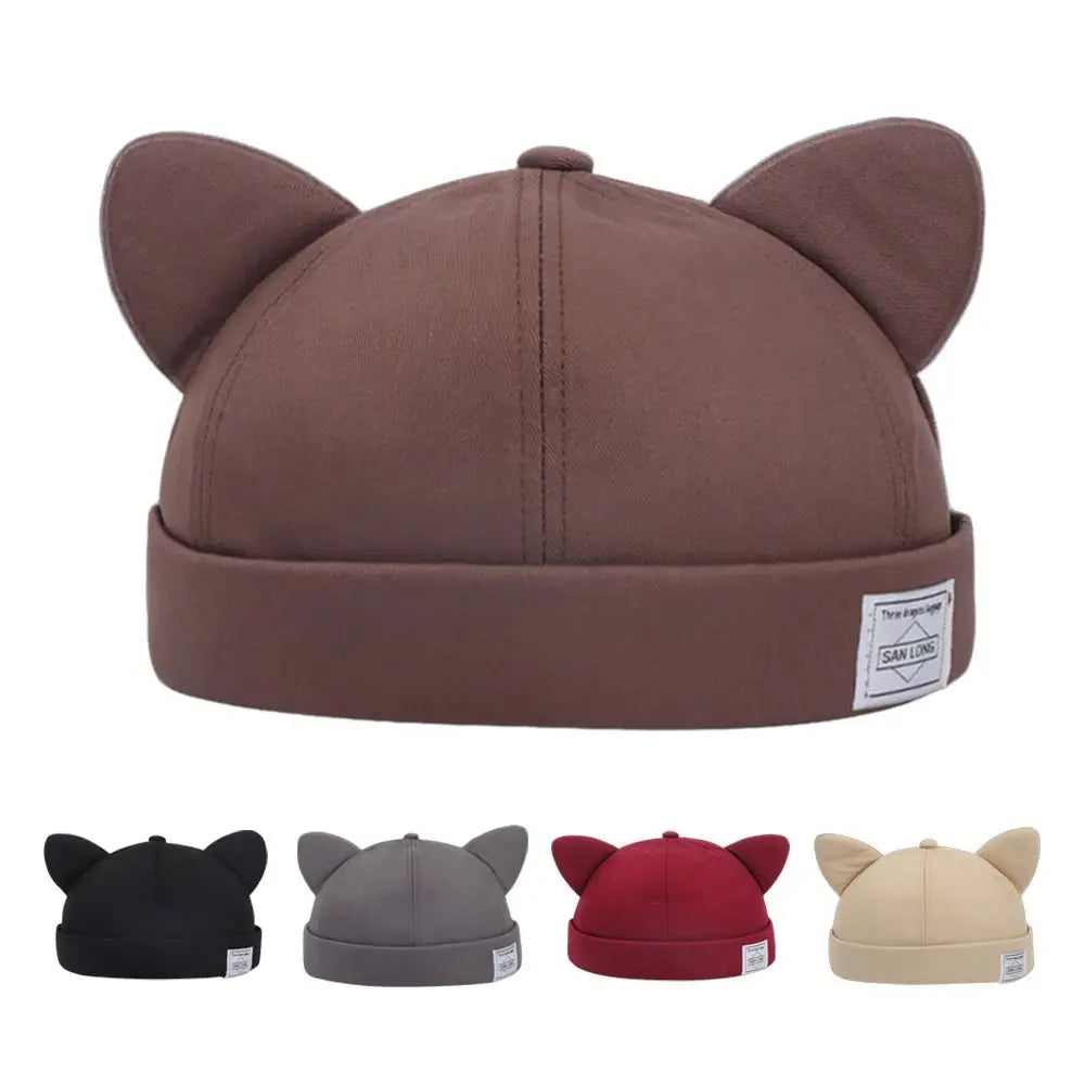 Casual Cotton Cat Ears Landlord Hat Solid Color Brimless Beanie Hat Adjustable Hip Hop Melon Skin Hat Spring Summer Oasis Select