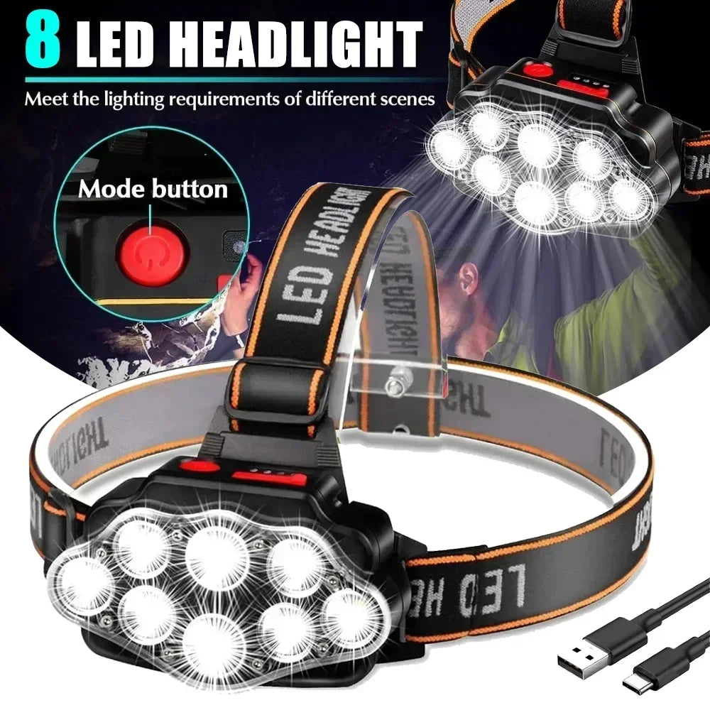 KDULIT 8/11 LED Headlamp Super Bright Head Torch Rechargeable Headlight Built-in 18650 Battery Outdoor Fishing Camping Lantern Oasis Select